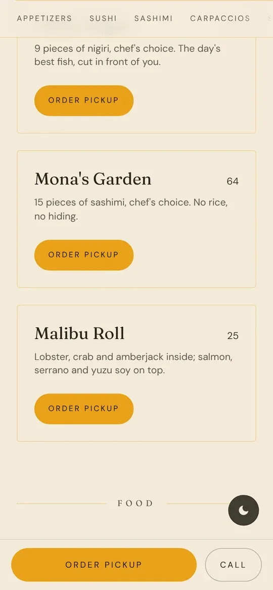 Malibu Sushi phone menu: the chef’s picks on a light page, each with an Order pickup button